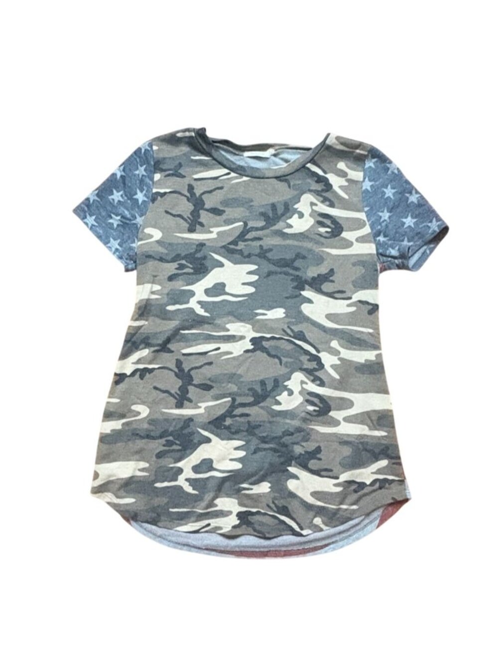 12PM By Mon Ami Womens Boutique Tshirt-Camouflage/Red White & Blue-Size SM